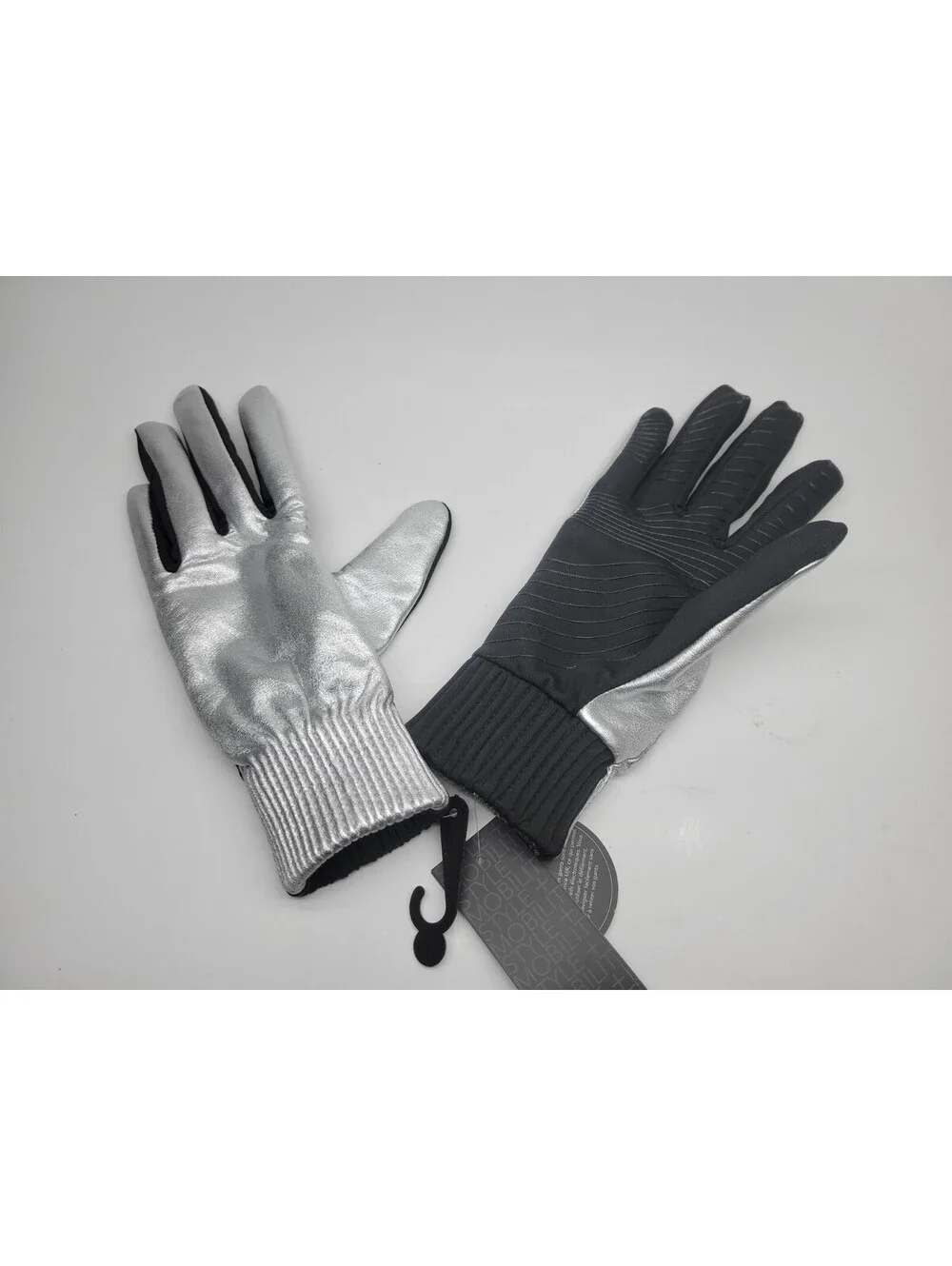 UR Powered Womens Tech Leather Gloves Touch Compatible Metallic Silver Black S/M